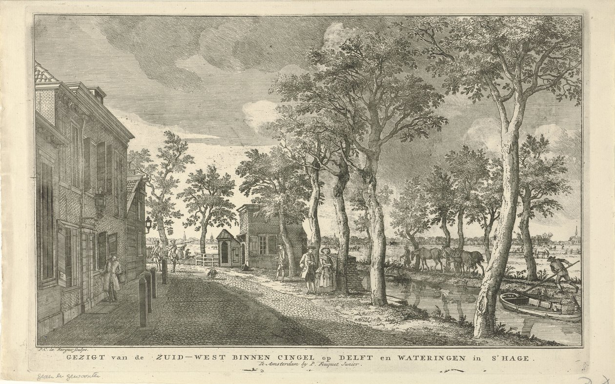 Vista del suroeste de Binnensingel (Zuidwal) en La Haya Vista del Zuid-West Binnen Cingel en Delft y Wateringen en La Haya (título sobre el objeto) Ocho caras en La Haya (título de la serie) de Paulus Constantijn la Fargue