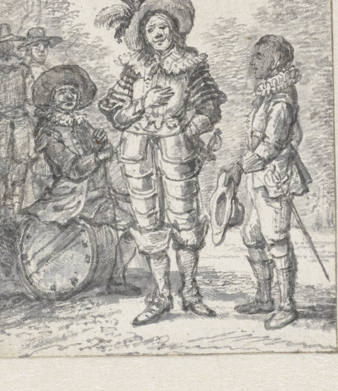 Diseño para una ilustración de un grupo de teatro: dos figuras de pie y una figura sentada de Paulus Constantijn la Fargue