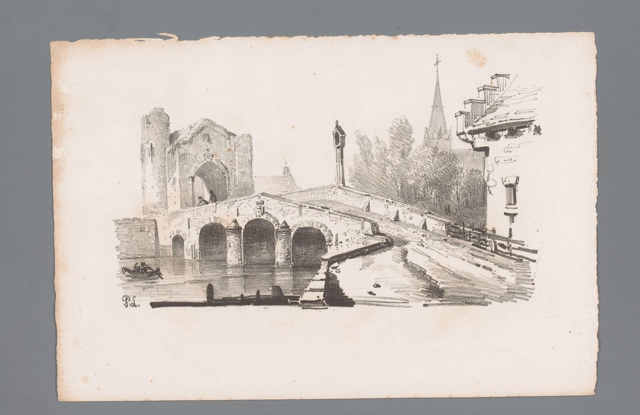 Vista de un puente con puerta, al fondo una iglesia Principios de los paisajes (título de la serie) Principios de paysages (título de la serie) de Paulus Lauters