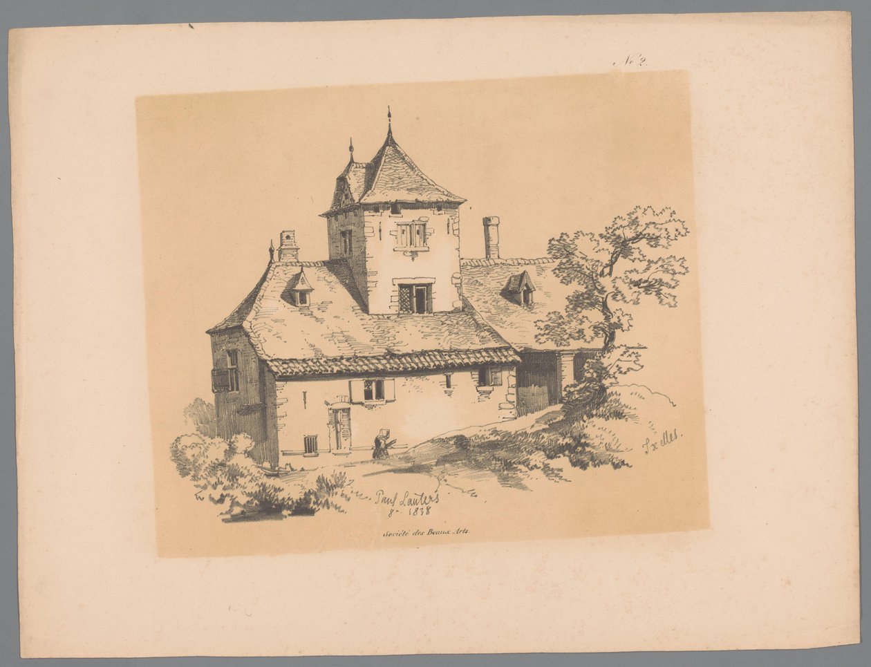 Vista de una casa de campo en Ixelles Ixelles (título sobre objeto) Rostros pintorescos de Paulus Lauters (título de la serie) Etrennes pittoresques pour 1839, par Lauters (título de la serie) de Paulus Lauters