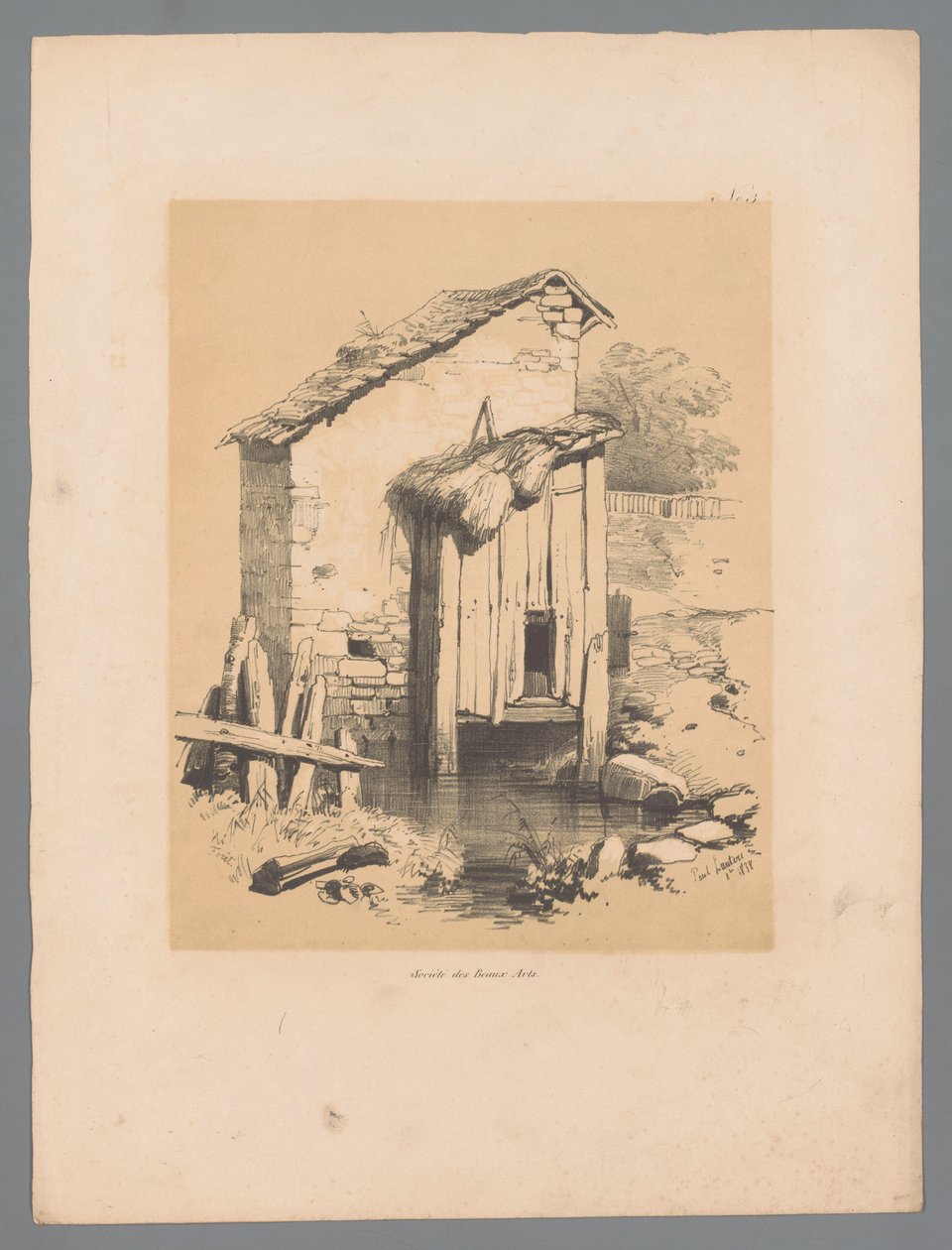 Vista de un granero en el agua Forêt (título sobre objeto) Rostros pintorescos de Paulus Lauters (título de la serie) Etrennes pittoresques pour 1839, par Lauters (título de la serie) de Paulus Lauters