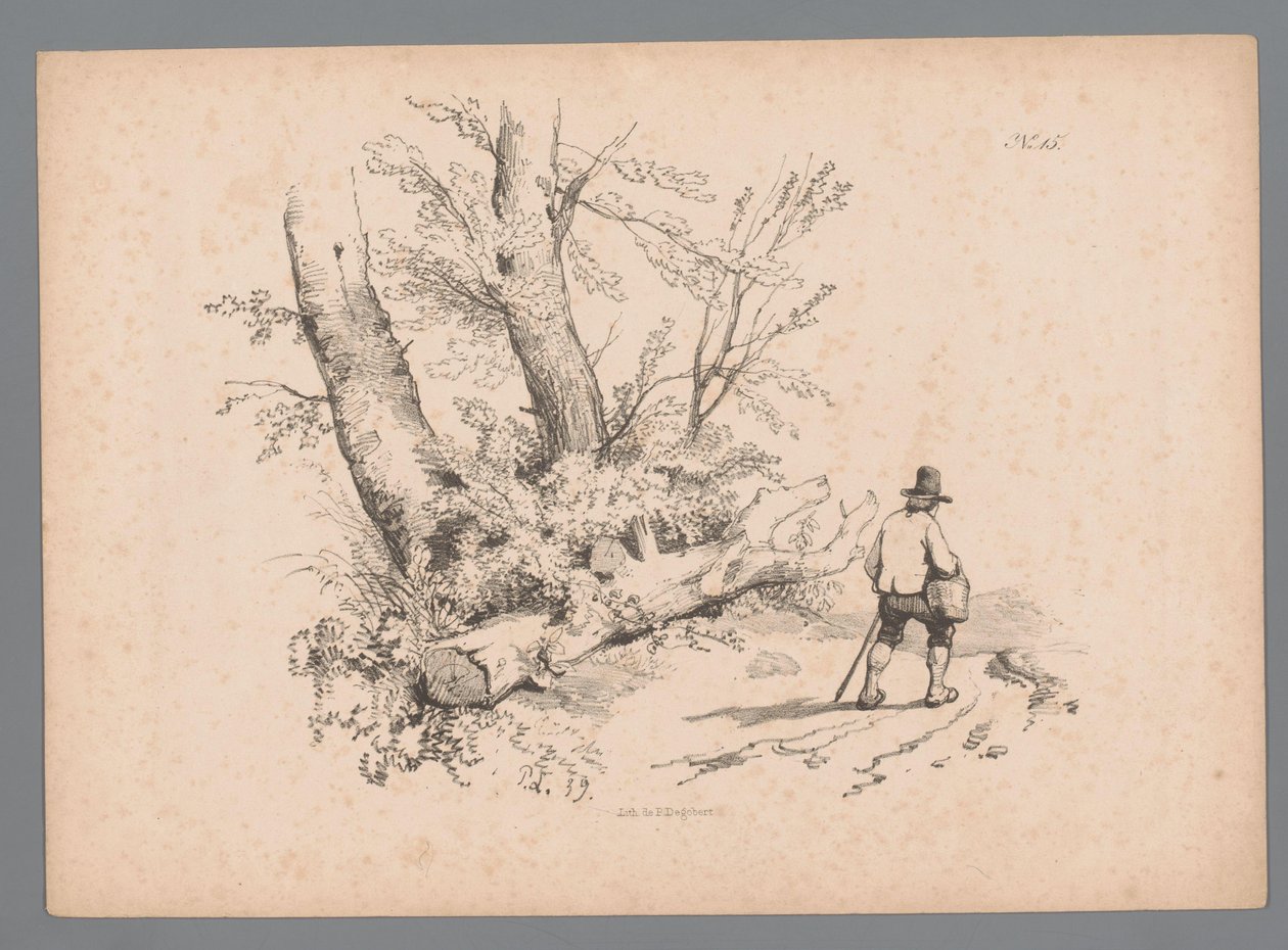 Paisaje con árboles y un hombre con bastón y cesta. Estudios de paisaje de Paulus Lauters (título de la serie) Nouvelle suite de 40 études de paysages par P. Lauters (título de la serie) de Paulus Lauters