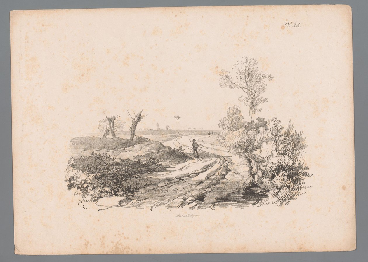 Paisaje con una figura con un bastón en un camino rural Estudios de paisaje de Paulus Lauters (título de la serie) Nouvelle suite de 40 études de paysages par P. Lauters (título de la serie) de Paulus Lauters