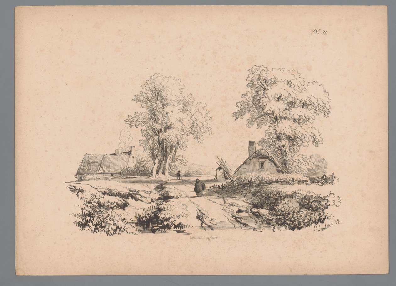 Paisaje con dos casas y dos figuras en un camino Estudios de paisaje de Paulus Lauters (título de la serie) Nouvelle suite de 40 études de paysages par P. Lauters (título de la serie) de Paulus Lauters