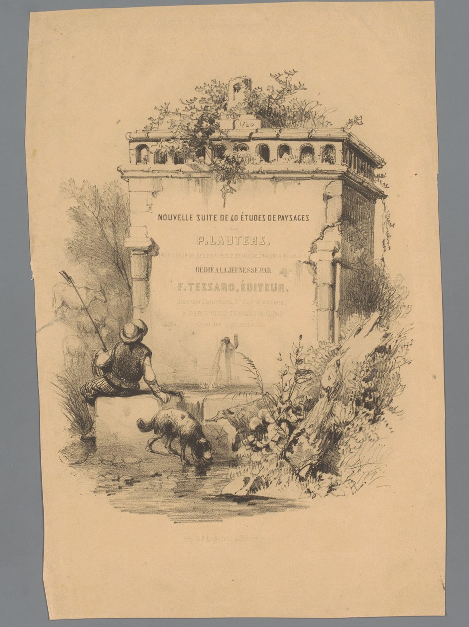 Hombre con perro sentado al borde de una fuente Estudios de paisaje de Paulus Lauters (título de la serie) Nouvelle suite de 40 études de paysages par P. Lauters (título de serie sobre objeto) de Paulus Lauters