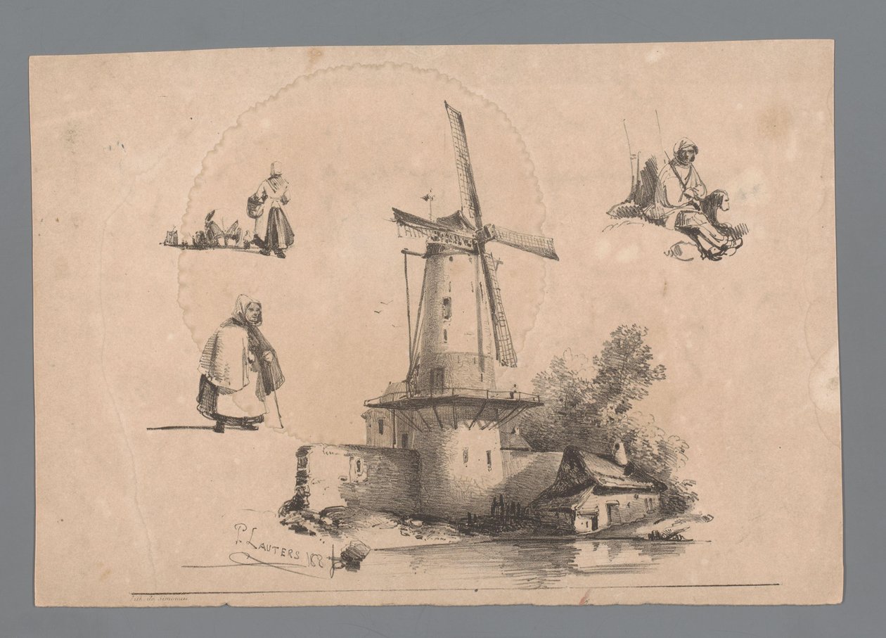Molino en el agua con estudios de tres figuras alrededor de Paulus Lauters