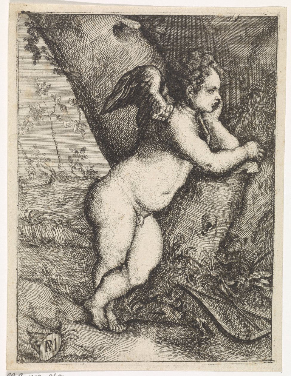 Amor meditando junto al tronco de un árbol de Paulus Moreelse