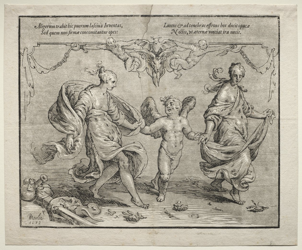 Cupido bailando con dos mujeres alegóricas de Paulus Moreelse
