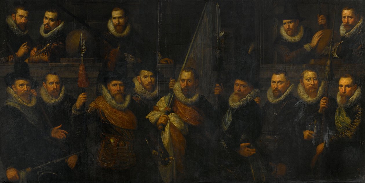 Oficiales y otros guardias civiles del III Distrito de Ámsterdam, al mando del capitán Jacob Gerritsz Hoyngh y del teniente Nanningh Florisz Cloeck de Paulus Moreelse