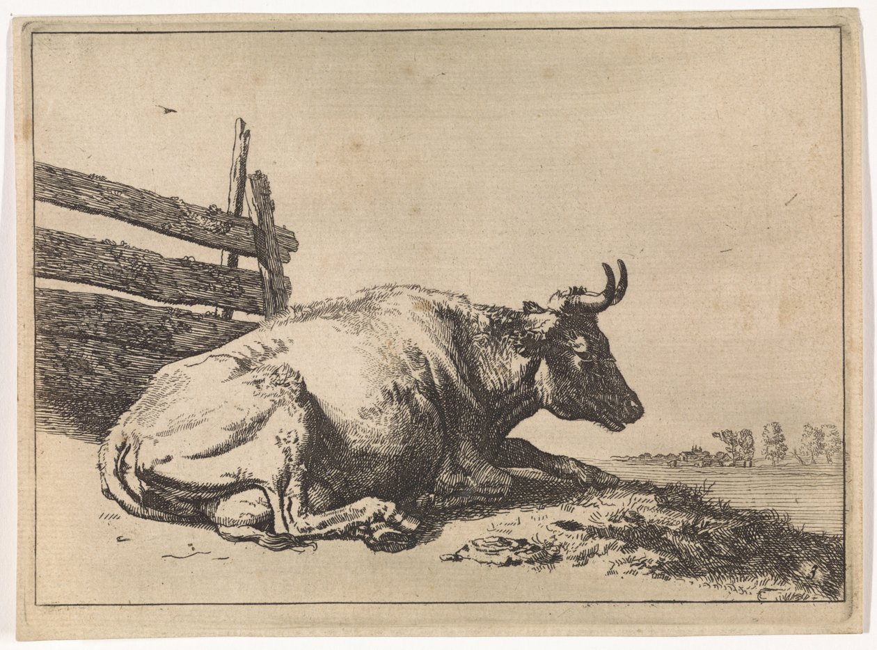 Vaca tumbada junto a una valla El folleto de Bullen (título de la serie) de Paulus Potter