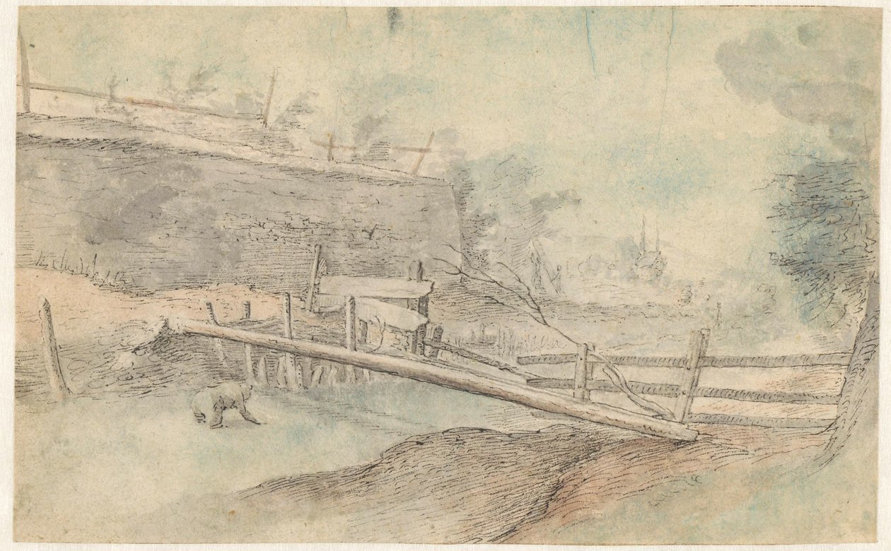 Un tronco de árbol como puente sobre un río de Paulus Willemsz. van Vianen