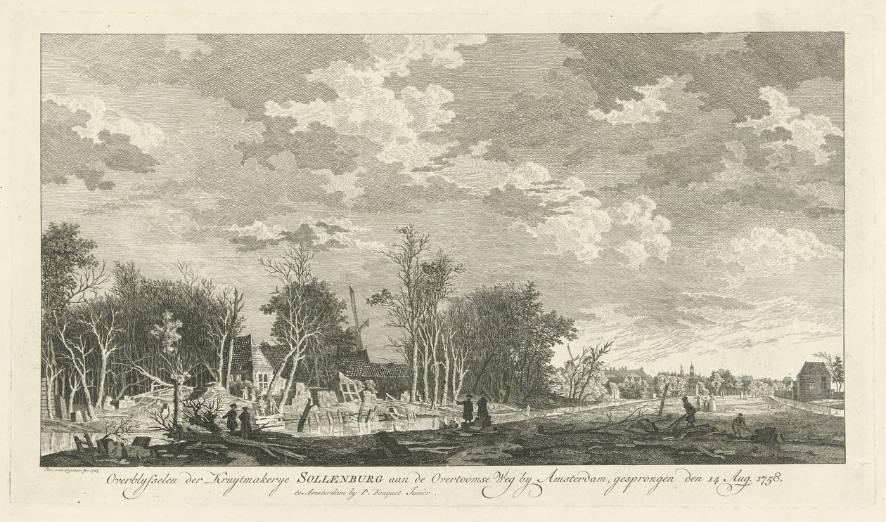 Ruina de la fábrica de pólvora de Sollenburg tras la explosión del 14 de agosto de 1758 Restos del kruytmakerye Sollenburg en Overtoomse Weg cerca de Amsterdam, saltado el 15 de agosto de 1758 (título sobre el objeto) de Paulus van Liender