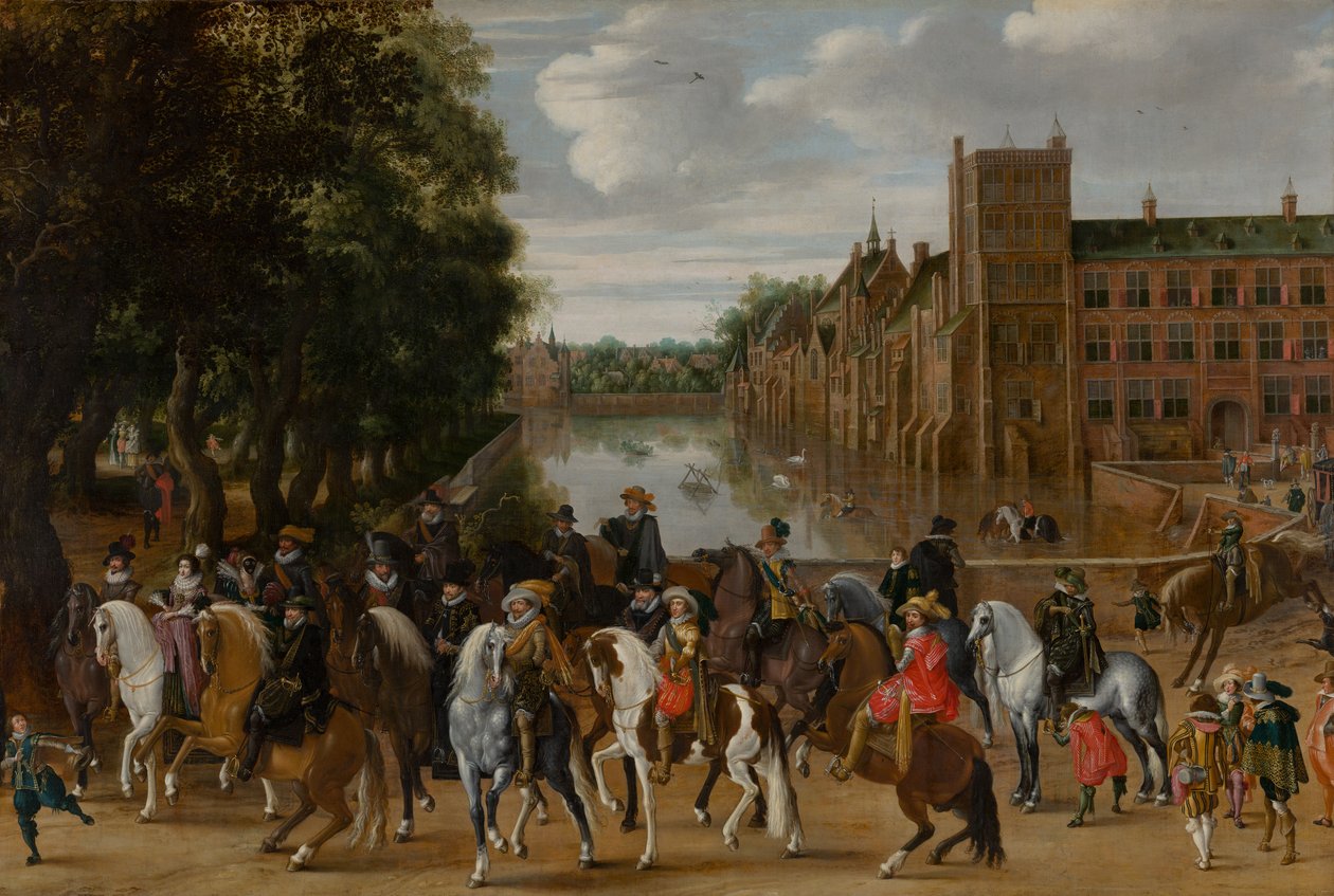 Los príncipes de Orange y sus familias a caballo, saliendo del Buitenhof, La Haya, c. 1621-22 de Pauwels I van Hillegaert