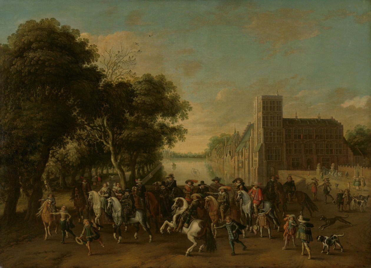 El príncipe Maurits, acompañado por el príncipe Frederik Hendrik, Federico V de Bohemia y su esposa Isabel Estuardo, y otros, en el Buitenhof, La Haya de Pauwels van Hillegaert