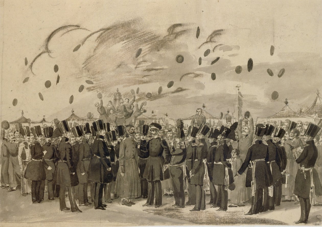El Gran Duque Mikhail Pavlovich visitando el campamento del Regimiento de la Guardia de Finlandia el 8 de julio de 1837 de Pavel Andreevich Fedotov