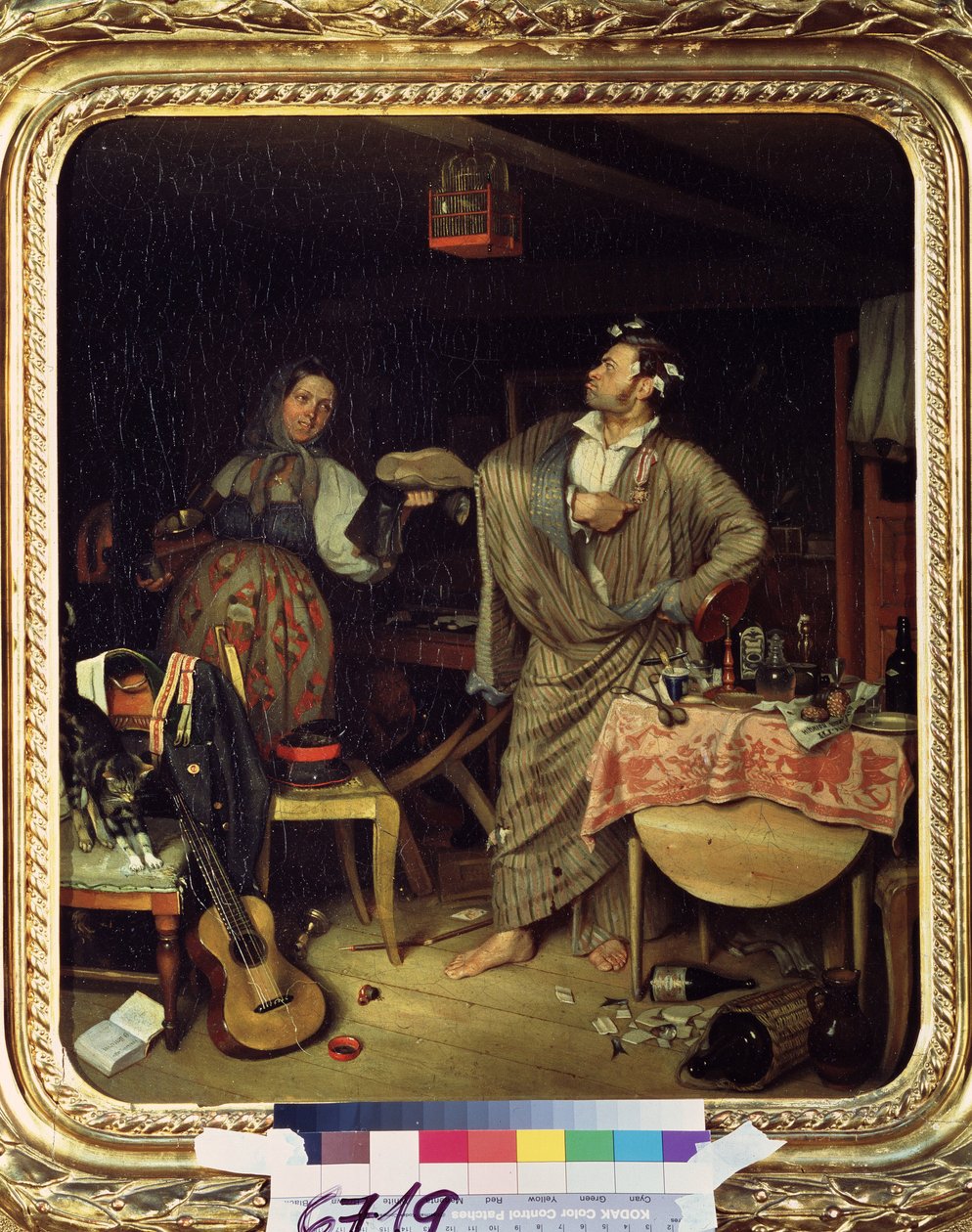 "¡Soy un jinete! (o la mañana del oficial recién condecorado) (Fresh Cavalier (Mañana de un burócrata que recibe su primera cruz) Un soldado en bata lleva su medalla con orgullo en el desordenado apartamento. Pintura de Pavel Fedotov (18 de Pavel Andreevich Fedotov