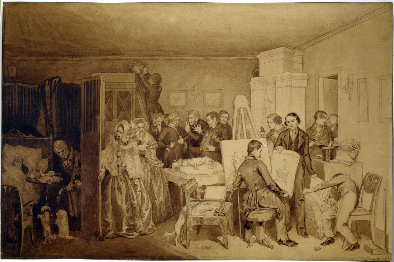 Las consecuencias de la muerte de Fidelka - Obra de Pavel Andreyevich Fedotov (1815-1852), tinta china y sepia sobre papel de Pavel Andreevich Fedotov