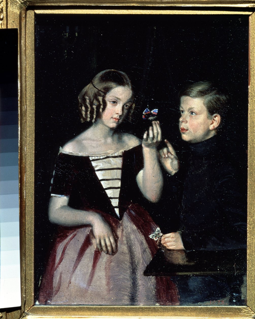 ""Retrato de los dos niños Gerbin contemplando una mariposa"" Pintura de Pavel Fedotov (1815-1852) Circa 1851 Museo Estatal Ruso, San Petersburgo de Pavel Andreevich Fedotov