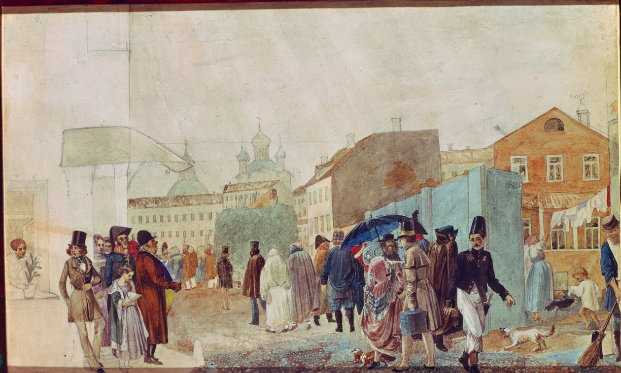 Escena callejera bajo la lluvia en Moscú. Obra de Pavel Andreyevich Fedotov (1815-1852), acuarela sobre papel de Pavel Andreevich Fedotov