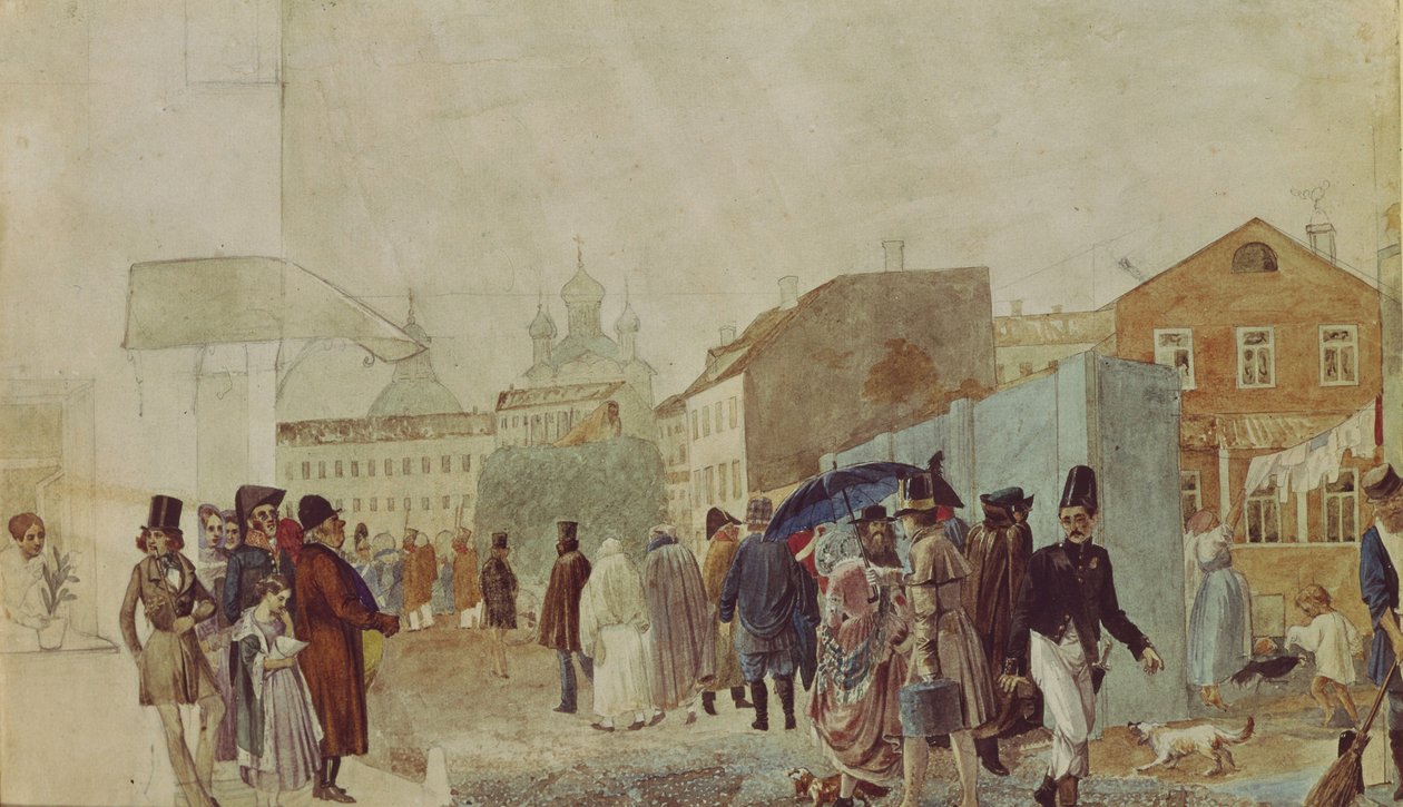 Escena callejera en Moscú durante la lluvia, 1837 de Pavel Andreevich Fedotov