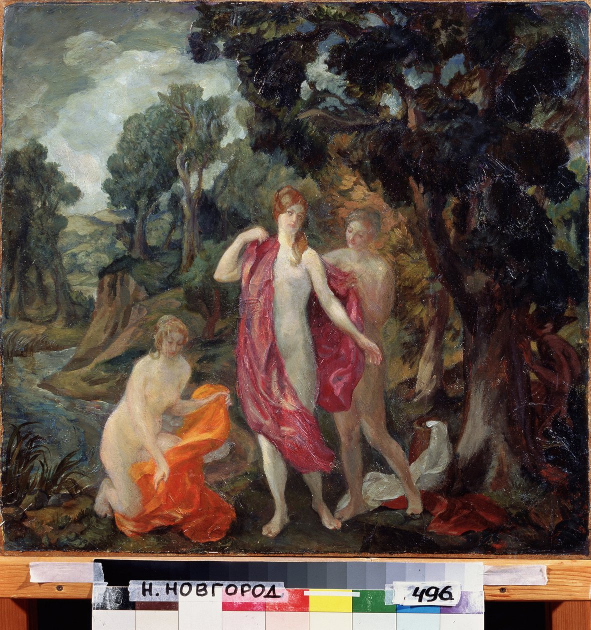 Bañistas. Tres mujeres desnudas secándose junto a un arroyo. Pintura de Pavel Semiónovich Naumov (1884-1942), óleo sobre lienzo, ca. 1910. Arte ruso del siglo XX, simbolismo. Museo Estatal de Arte, Nizhny Novgorod (Rusia) de Pavel Semenovich Naumov