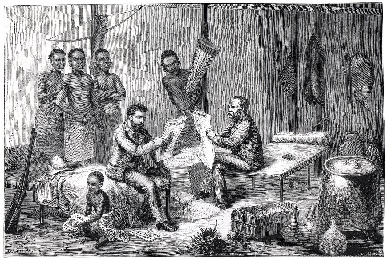 Livingstone y Stanley recibiendo periódicos en África Central de Pearson