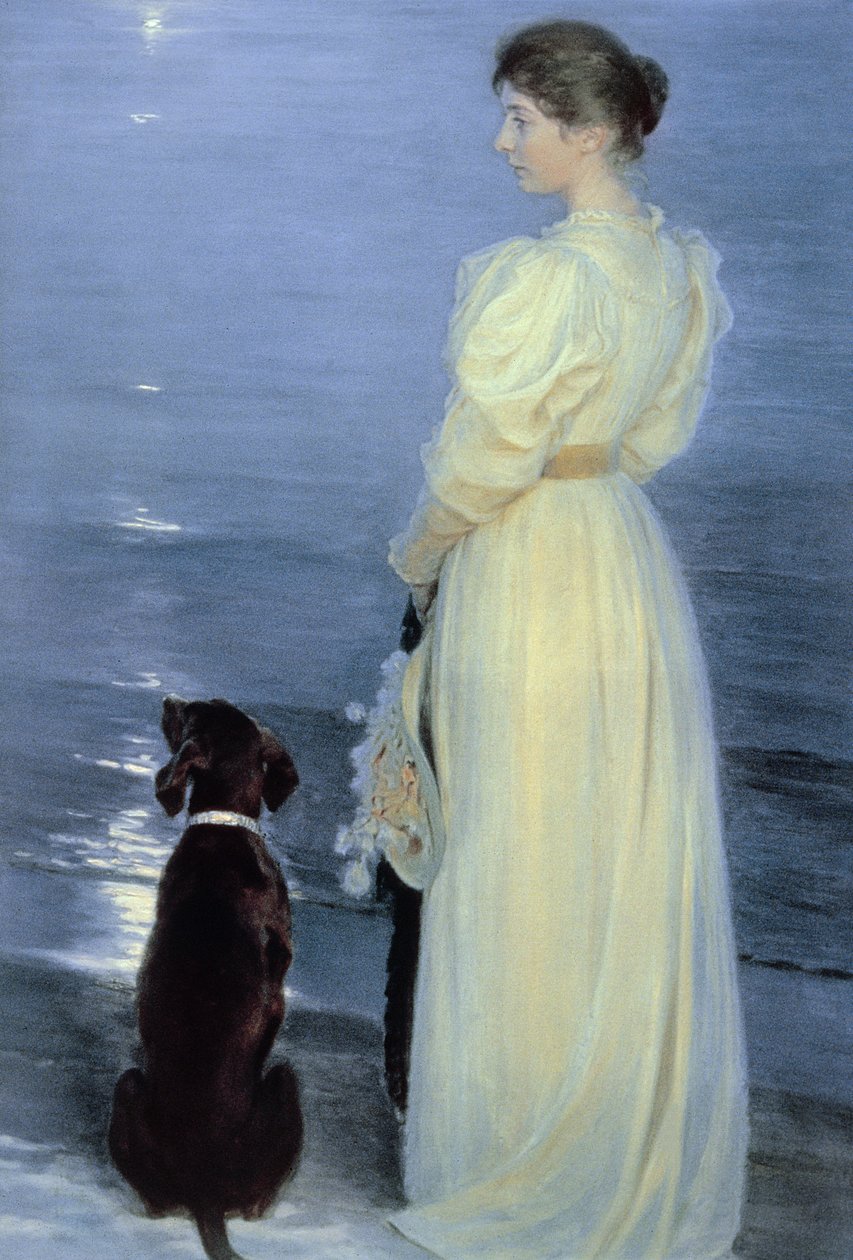 Noche de verano en Skagen, la esposa del artista con un perro en la playa, 1892 de Peder Severin Krøyer