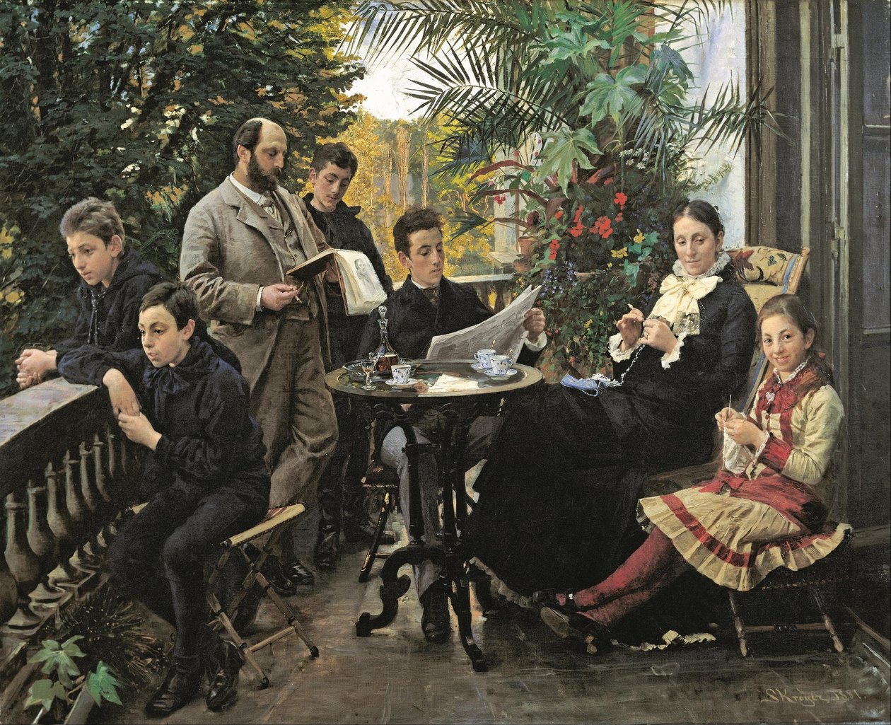 Retrato de la familia Hirschsprung. De izquierda a derecha Ivar, Aage, Heinrich, Oscar, Robert, Pauline y Ell... de Peder Severin Krøyer