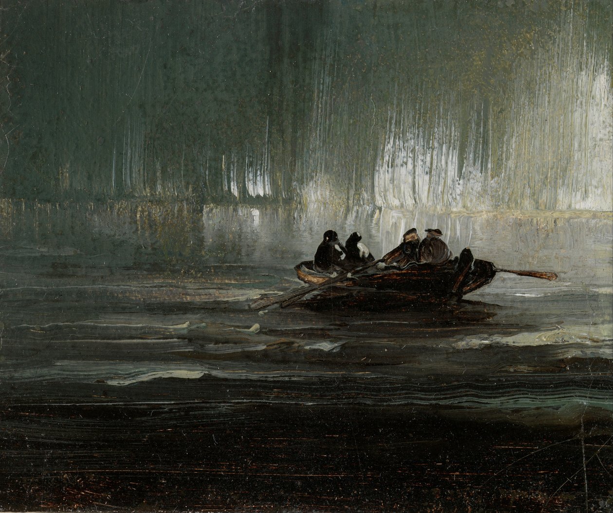 Aurora boreal sobre cuatro hombres en una barca de remos de Peder Balke