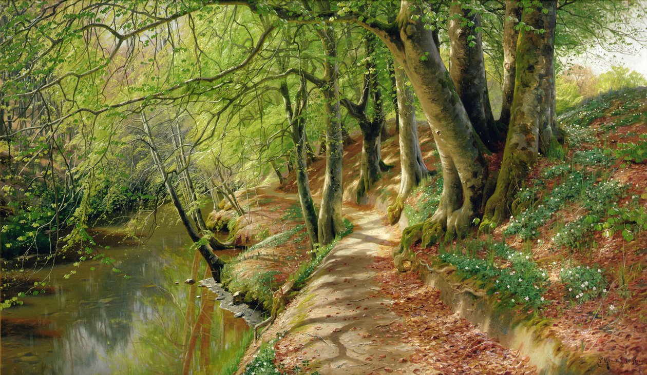 Paisaje fluvial arbolado (óleo sobre lienzo) de Peder Monsted