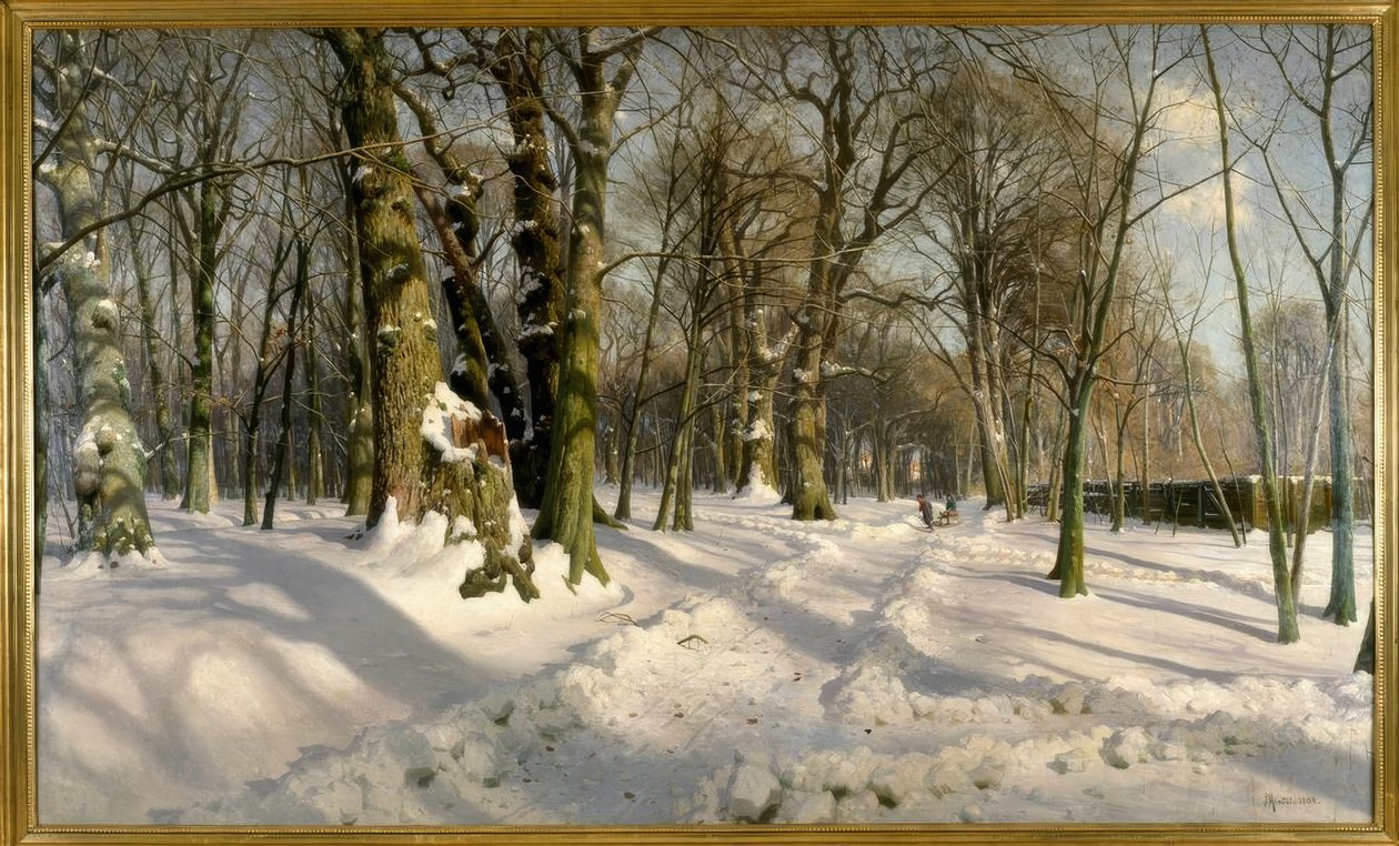 Bosque de invierno nevado a la luz del sol de Peder Monsted