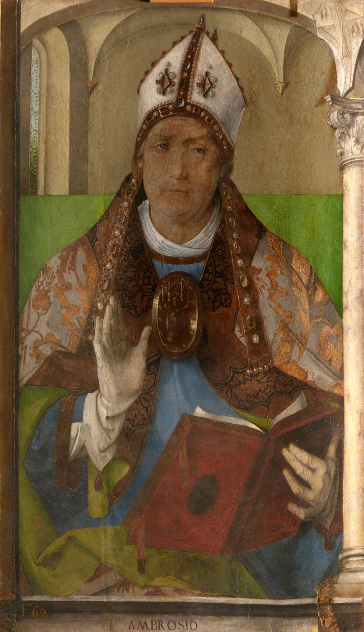 Ambrosio de Milán (c. 340-397) - San Ambrosio, arzobispo de Milán por Berruguete, Pedro (1450-1503). Óleo sobre madera, tamaño: 117x65, c. 1473-1475, Galería Nazionale delle Marche, Urbino de Pedro Berruguete