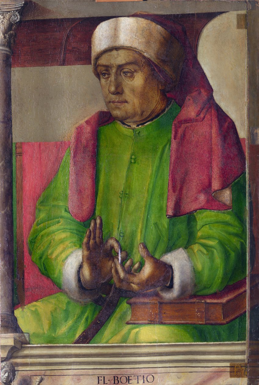 Boece (480-524) - Boecio por Berruguete, Pedro (1450-1503). Óleo sobre madera, tamaño: 97x63, c. 1473-1475, Galería Nacional de las Marcas, Urbino de Pedro Berruguete