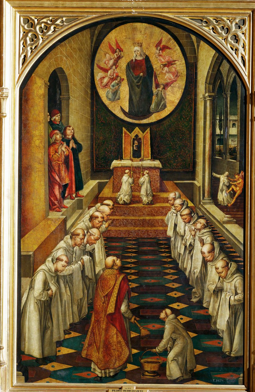 La Virgen se aparece a una comunidad de monjes dominicos y los bendice ... (pintura sobre madera) de Pedro Berruguete