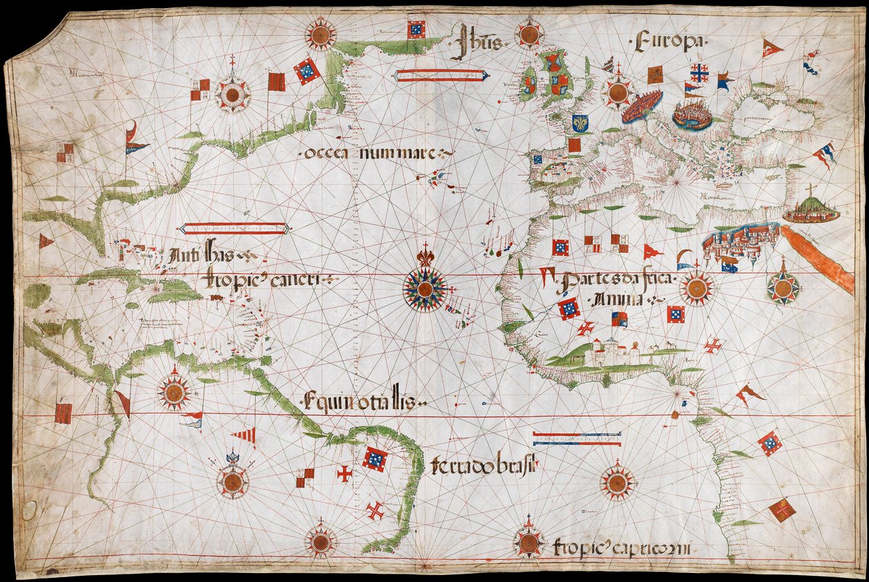 Carta del Océano Atlántico, Mediterráneo y Mar Negro, c.1535 (vitela, papel) de Pedro Reinel