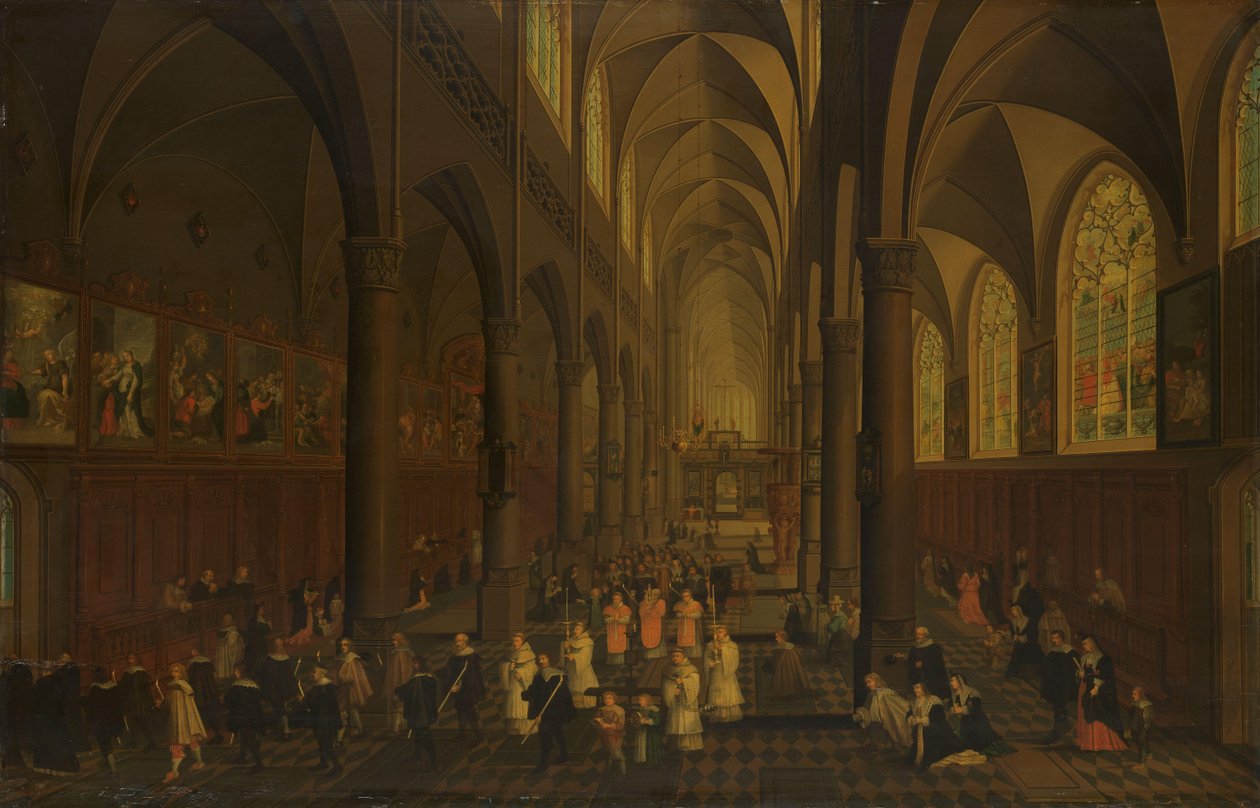 El interior de la iglesia de los dominicos, Amberes, mirando hacia el este, con la procesión del Santo Sacramento de Peeter Neeffs (I)