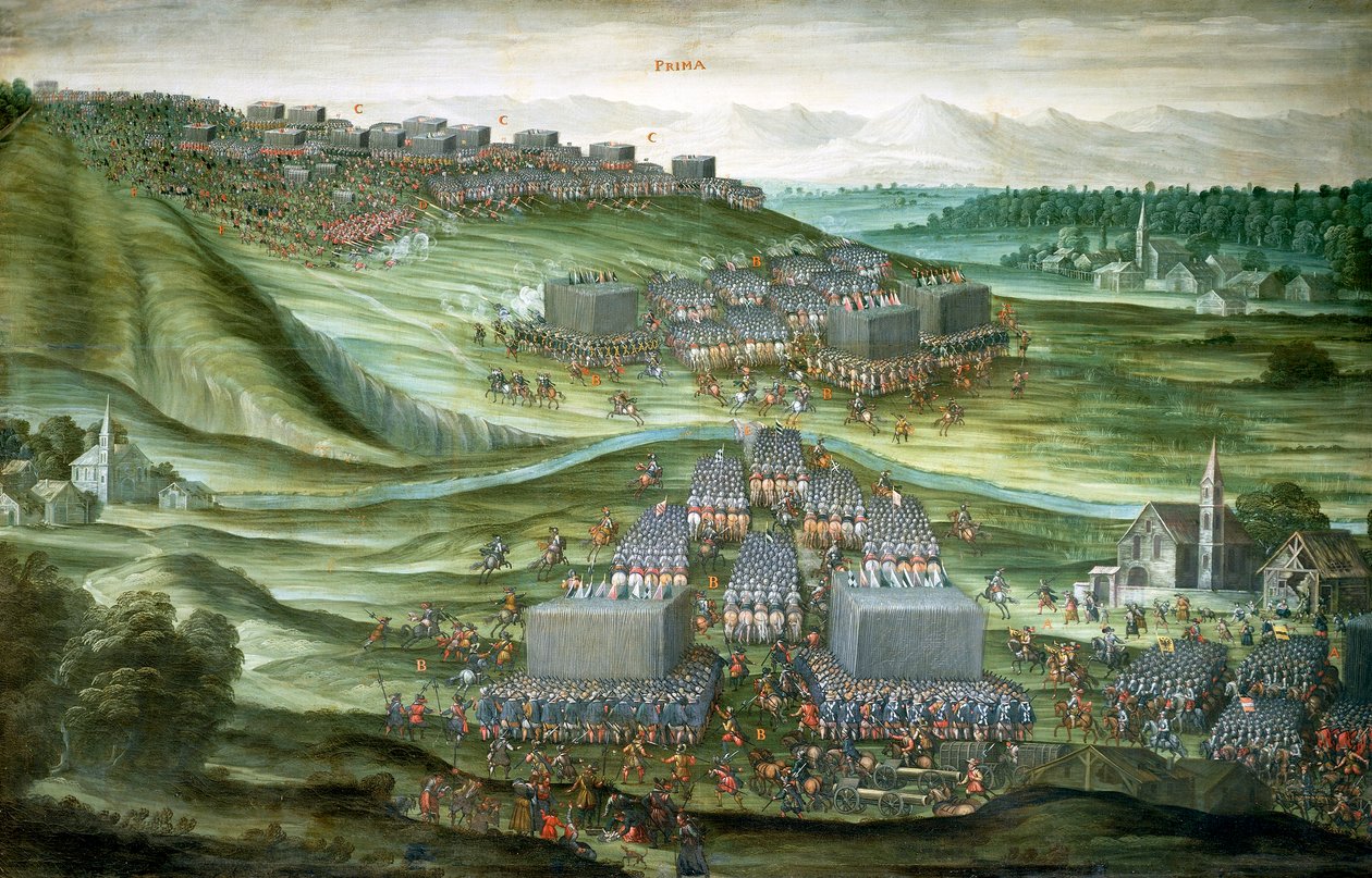 Despliegue de tropas en la Montaña Blanca en la primera fase de la Batalla de la Montaña Blanca el 7-8 de noviembre de 1620 de Peeter Snayers