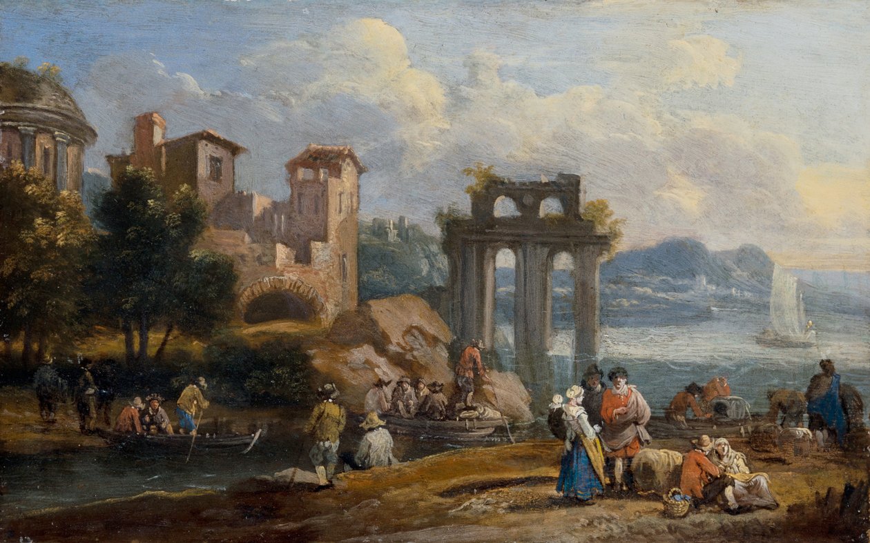 Figuras en un paisaje descansando cerca de unas ruinas de Peeter or Pieter Bout
