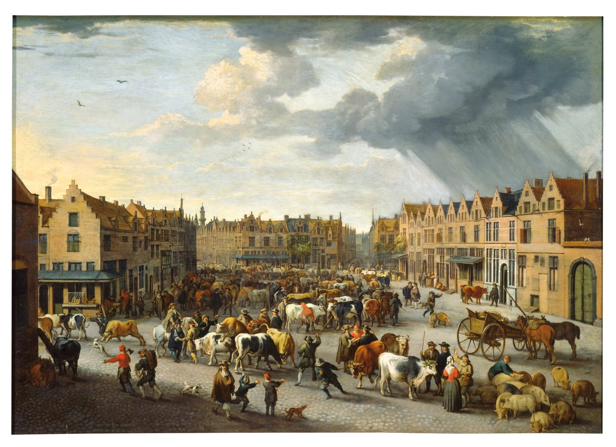 El viejo mercado de bueyes de Amberes (óleo sobre lienzo) de Peeter van Bredael