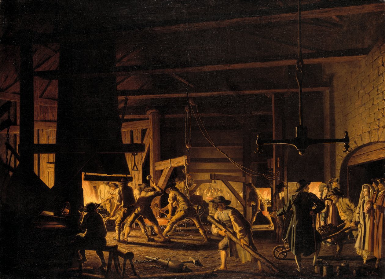En la fragua de anclas en Soderfors. Los herreros trabajando duro de Pehr Hilleström