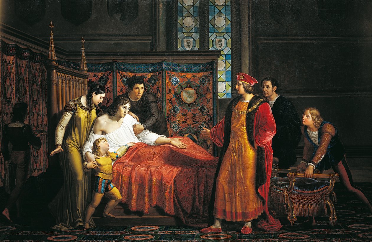 Carlos VIII visitando al moribundo Gian Galeazzo Sforza en el Castillo de Pavía de Pelagio Palagi