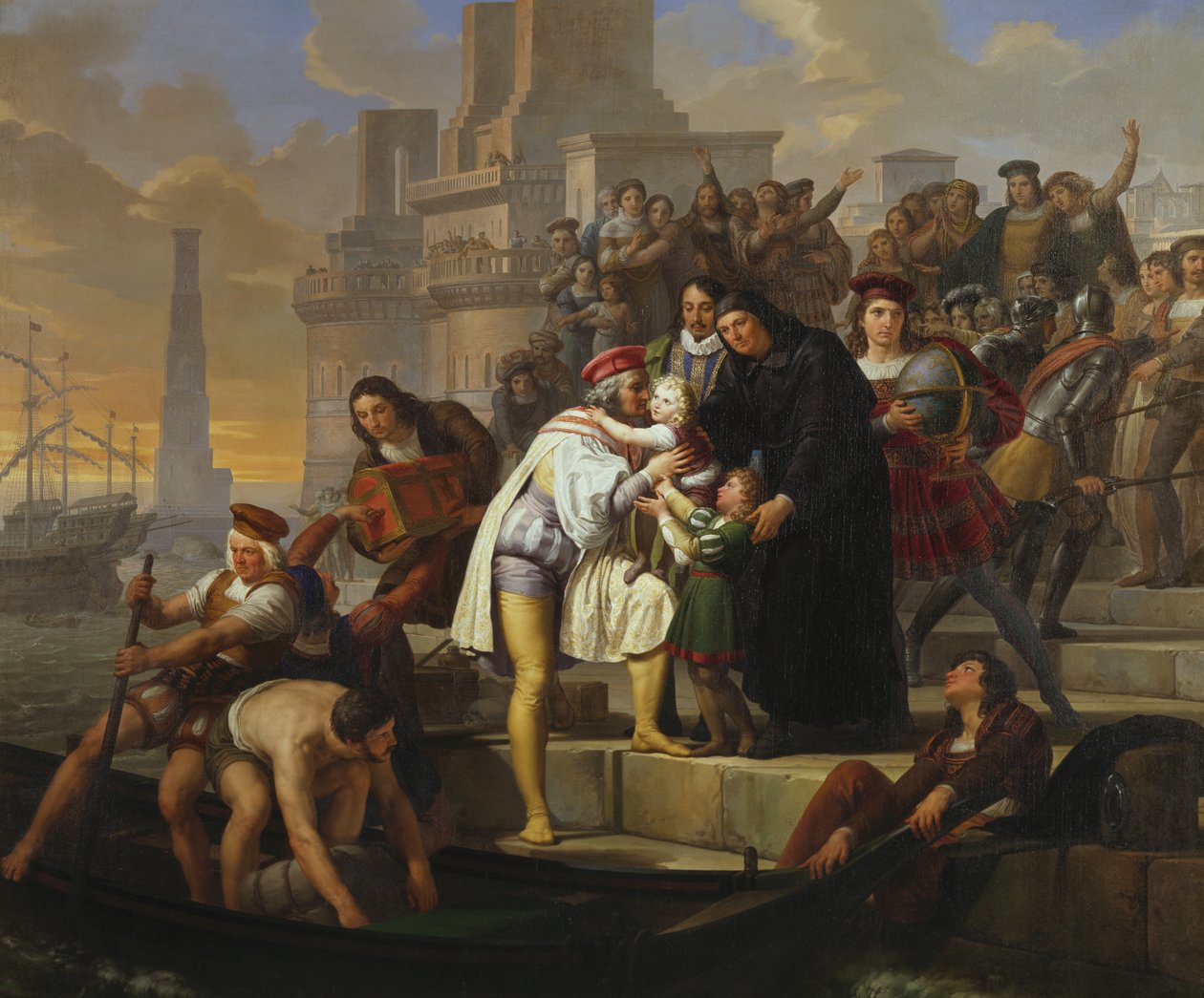 Cristóbal Colón abrazando a sus dos hijos y recomendándolos al Padre Giovanni Perez antes de partir de Palos para el viaje de descubrimiento de América de Pelagio Palagi