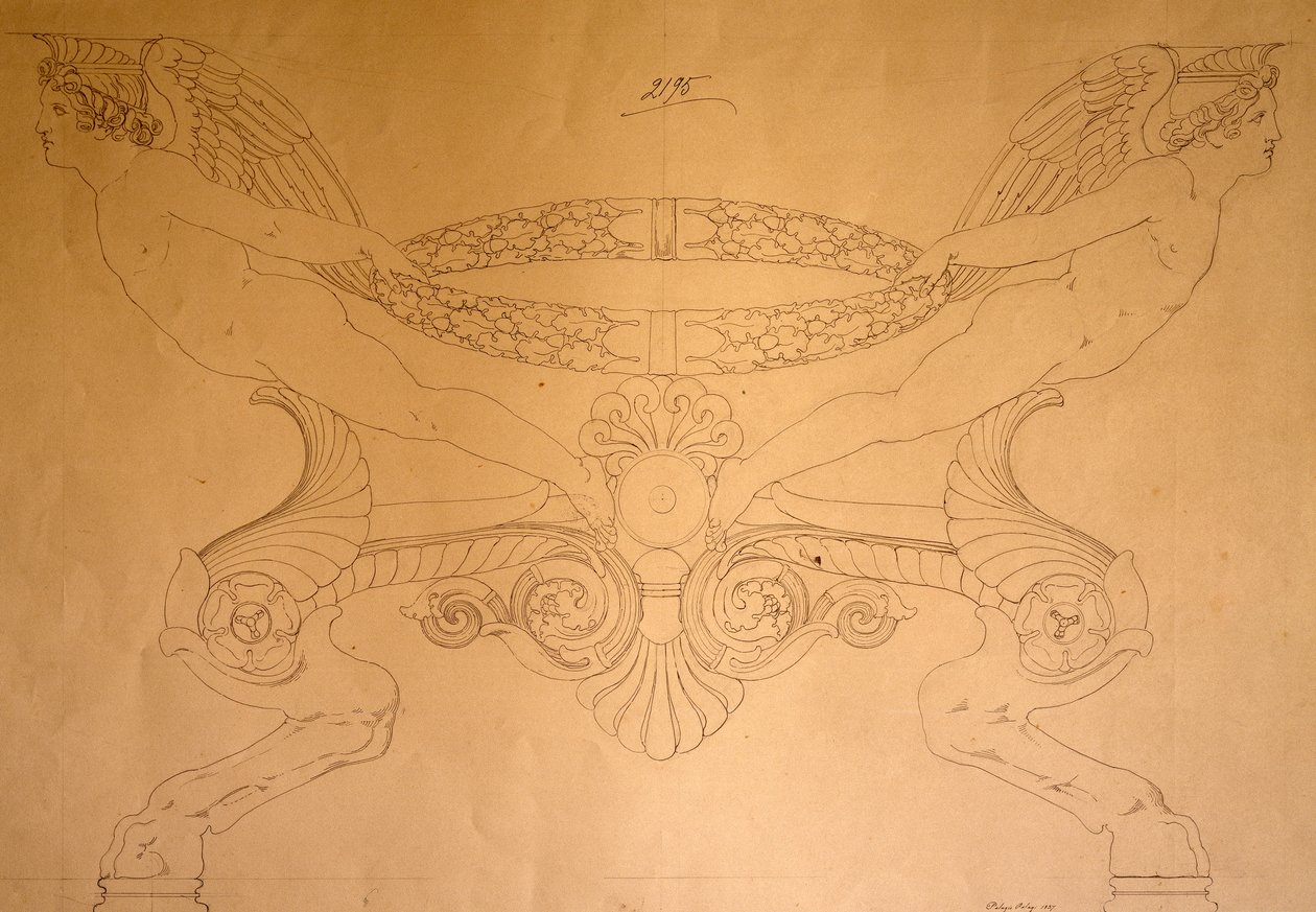 Dibujo de taburete en forma de pezuña con patas, c.1837 (dibujo) de Pelagio Palagi