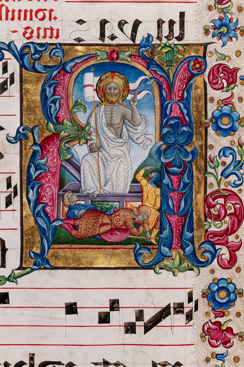Biblioteca Piccolomini: libro de coro, cod. 101.7, ff. 14r con la "Resurrección de Cristo", de Pellegrino di Mariano. Detalle. de Pellegrino di Mariano