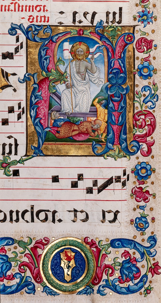 Biblioteca Piccolomini: libro de coro, cod. 101.7, ff. 14r con "Resurrección de Cristo", de Pellegrino di Mariano. de Pellegrino di Mariano