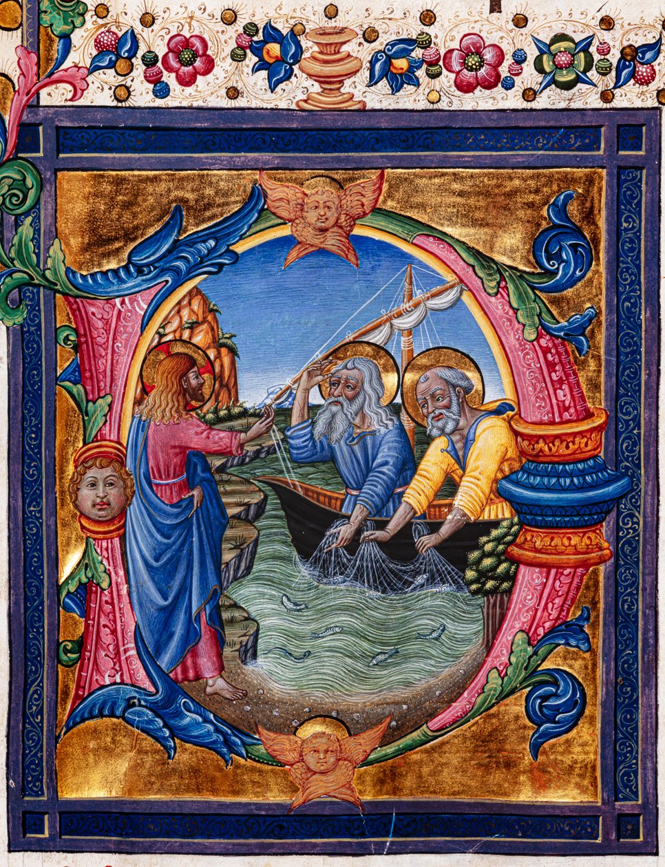 Biblioteca Piccolomini: libro de coro, cod. 11.M, ff. 4con la "Llamada de San Pedro y San Andrés", de Pellegrino di Mariano. Detalle. de Pellegrino di Mariano