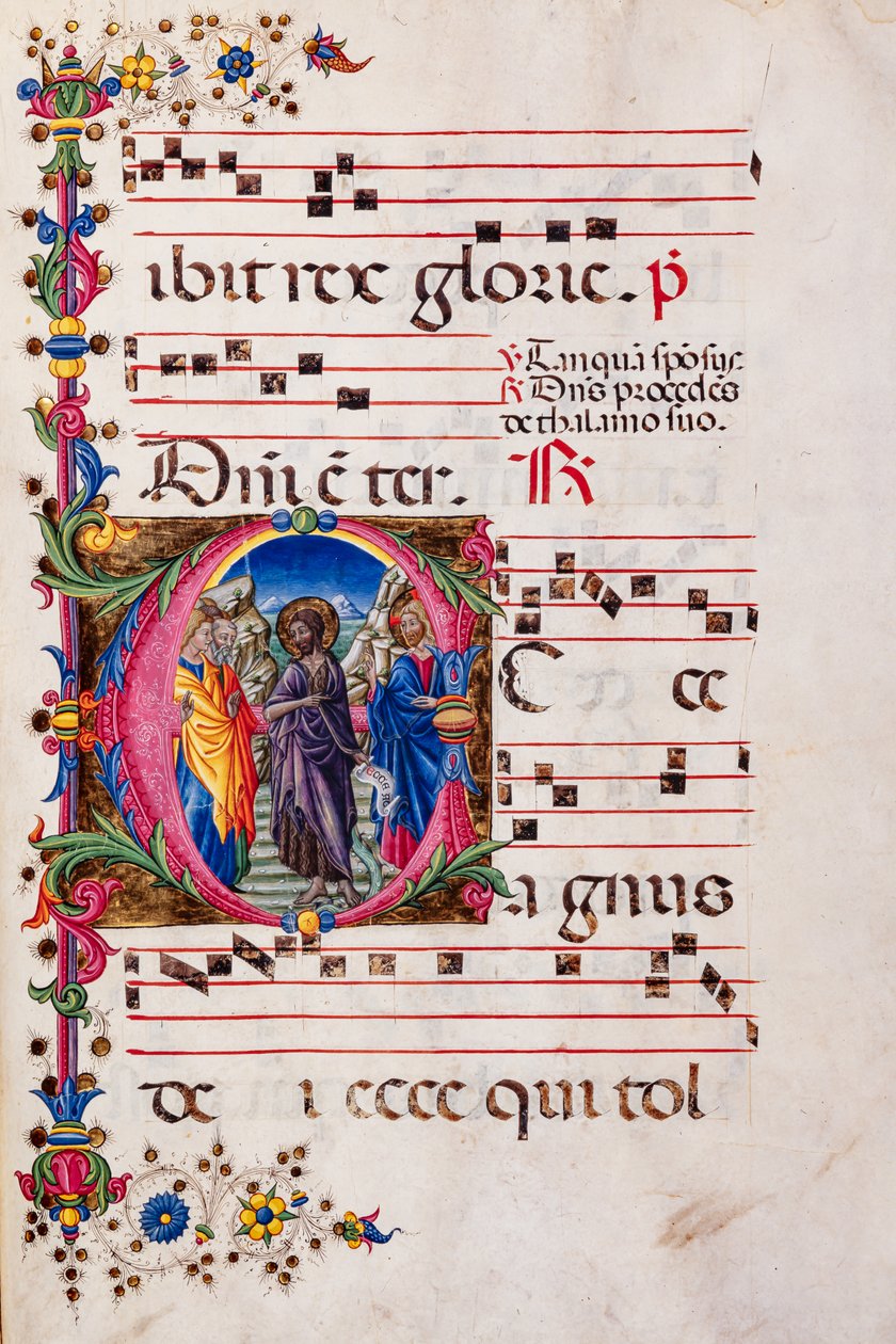 Biblioteca Piccolomini: libro de coro, cod. 2.B, ff. 105r con la "Predicación de San Juan Bautista", de Pellegrino di Mariano. de Pellegrino di Mariano