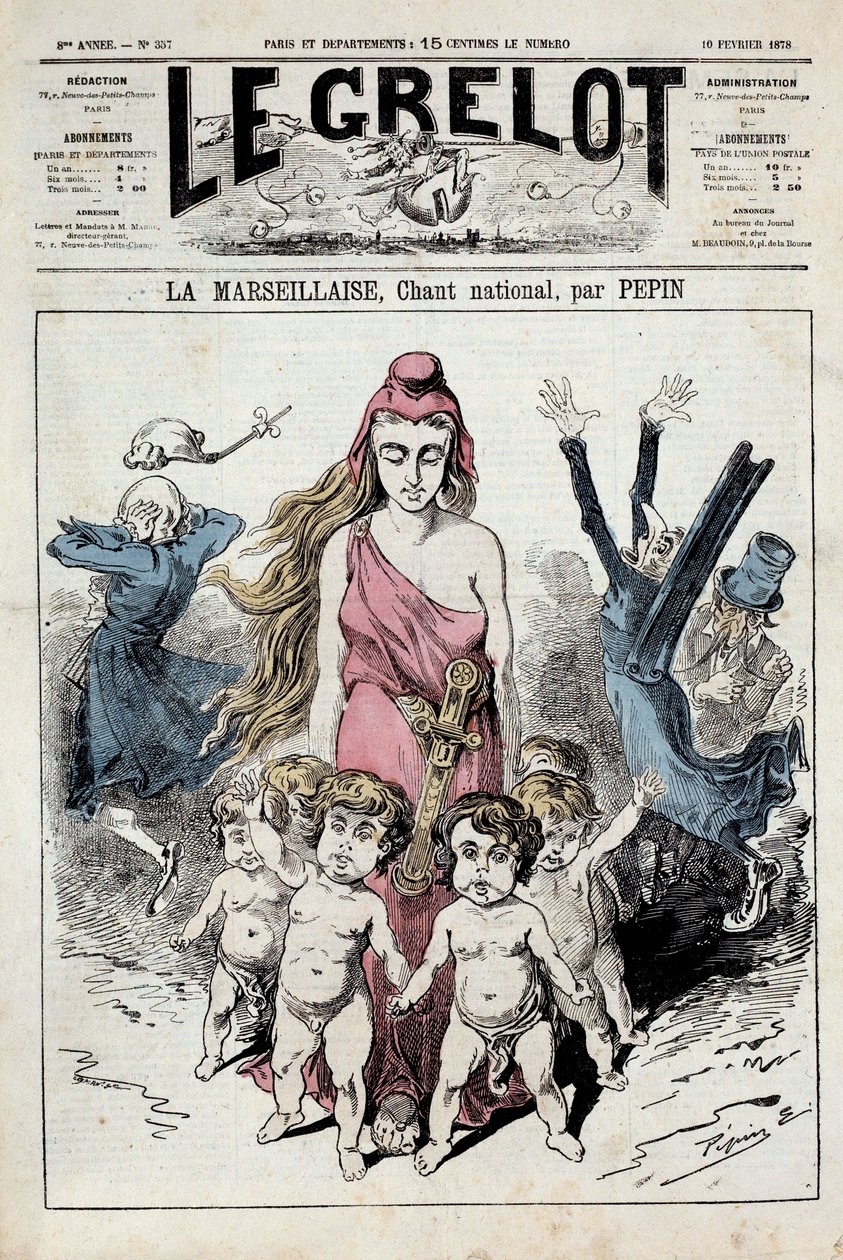 Una de “La campana” que representa una alegoría del himno nacional “La Marsellesa” avanzando mientras los nobles se tapan los oídos mientras huyen. Ilustración de Pepin. 10/02/1878. Colección privada de Pepin