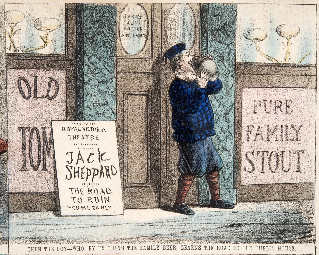El niño - que, al traer la cerveza de la familia, aprende el camino a la taberna, pub.c. 1872 de Percy Cruikshank