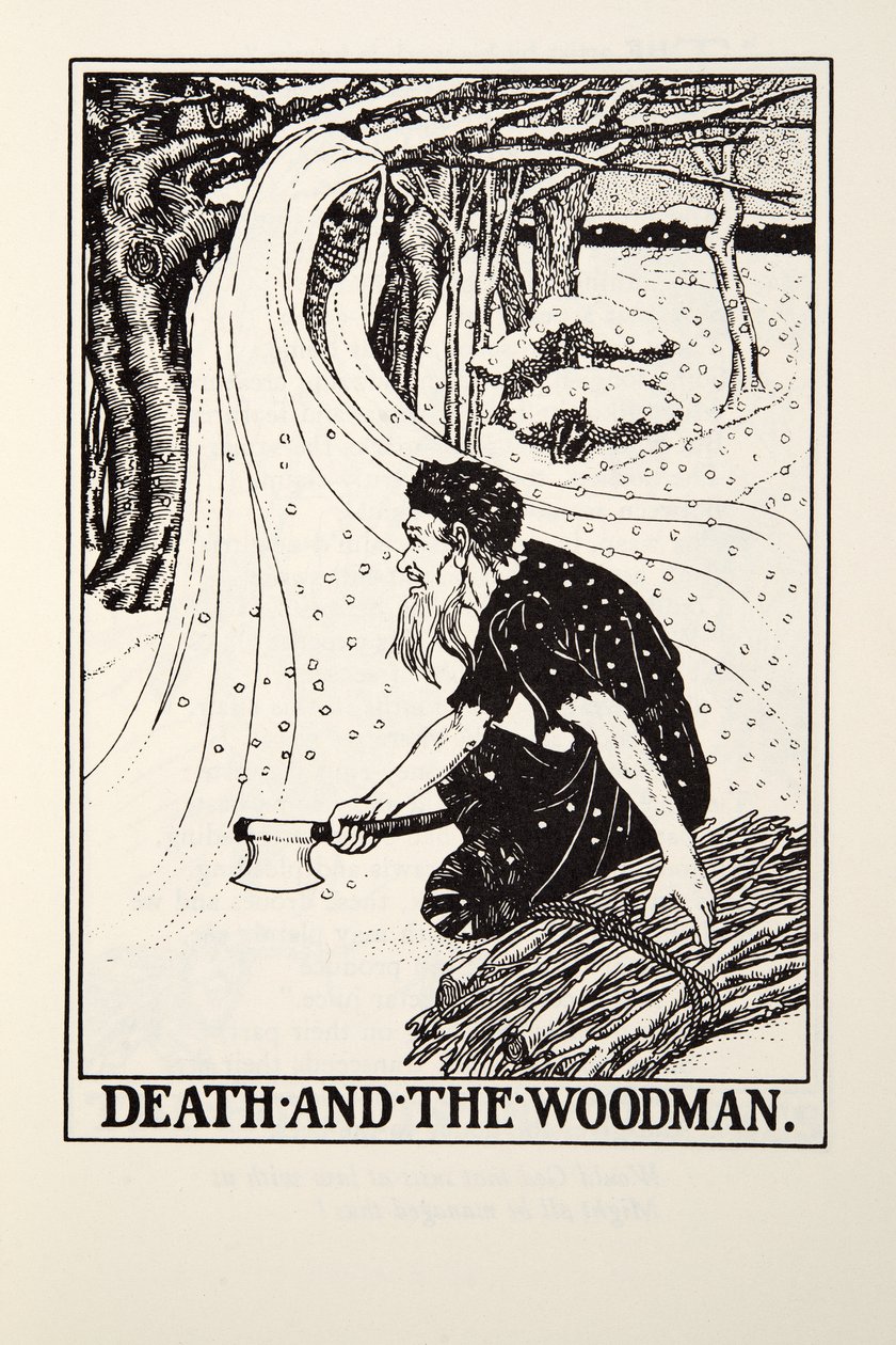 La muerte y el leñador, de las Fábulas de Fontaine, pub. 1905 (grabado) de Percy J. Billingshurst